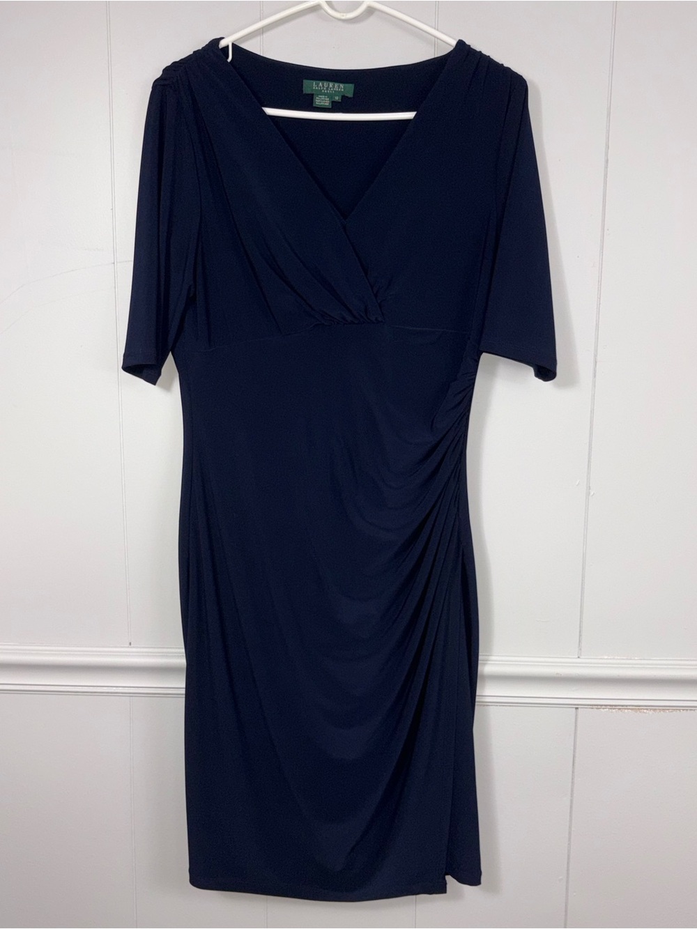 LRL Lauren Ralph Lauren Navy Blue Faux Wrap Stretch Dress 12 Side Ruching Formal